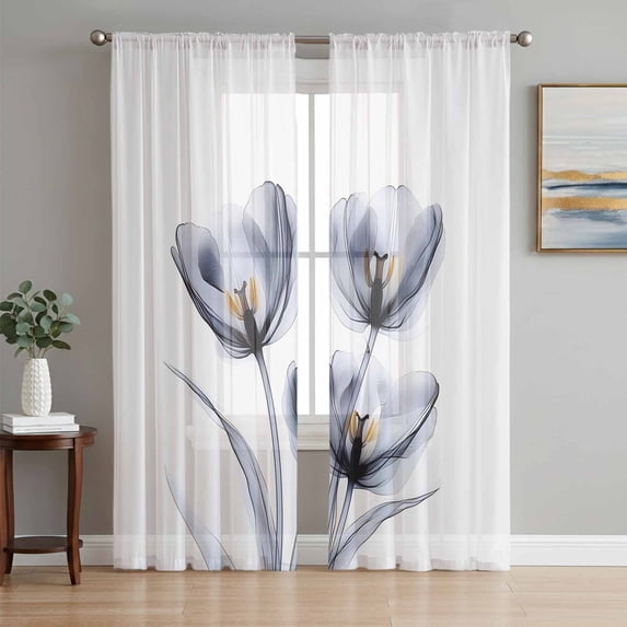 Light Grey Tulip Sheer Curtains 63 Inch Length 2 Panels Set, Rustic Elegant Floral Botanical Voile Window Treatment Rod Pocket Curtains Sheers Drapes for Bedroom/Living Room/Kitchen 52x"63"x2