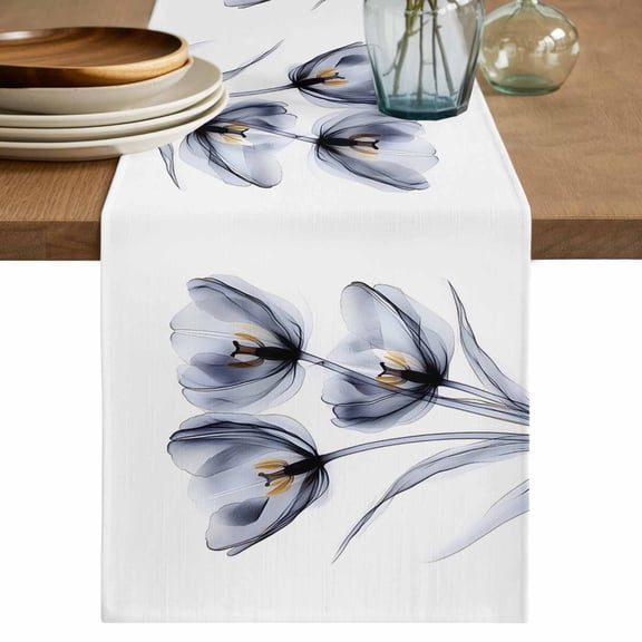 Light Grey Tulip Table Runner, Rustic Elegant Floral Botanical Washable Cotton Linen Table Runners 36 Inches Long, Dresser Scarf Runner for Nightstand/End Tables/Round Tables 13''x36''