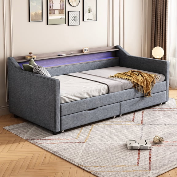 Light Grey Twin Bed Frame - Linen Upholstered, Smart Function - Livingroom Decoration / Blend in with Home Style