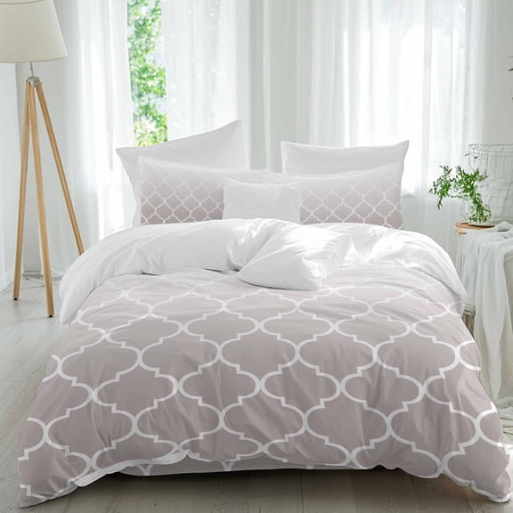 Light Grey Twin Duvet Cover Set, Moroccan Trellis Abstract Gradient Geometric 4 Piece Microfiber Bedding Set with Zipper Closure, Bed Sheet and 2 Pillow Shams, Soft Bedding Cover
