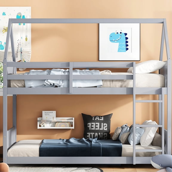 Light Grey Twin Over Twin - Full - length Guardrails for Upper Bed Safety - Home Bedroom - Secure Rest Bunk Bed