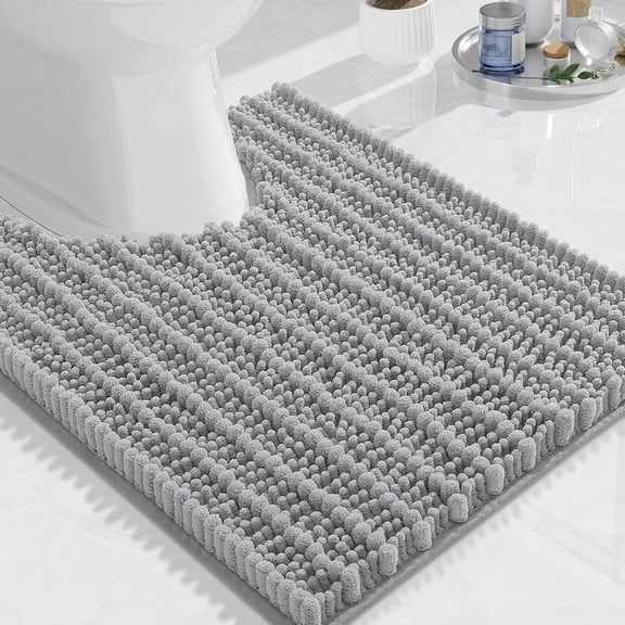 Light Grey U-Shaped Toilet Rug 20 x 24 Inch, Plush High-Pile Microfiber Contour Bath Mat with Non-Slip PVC Backing, Machine Washable Bathroom Floor Rug, 1 Piece