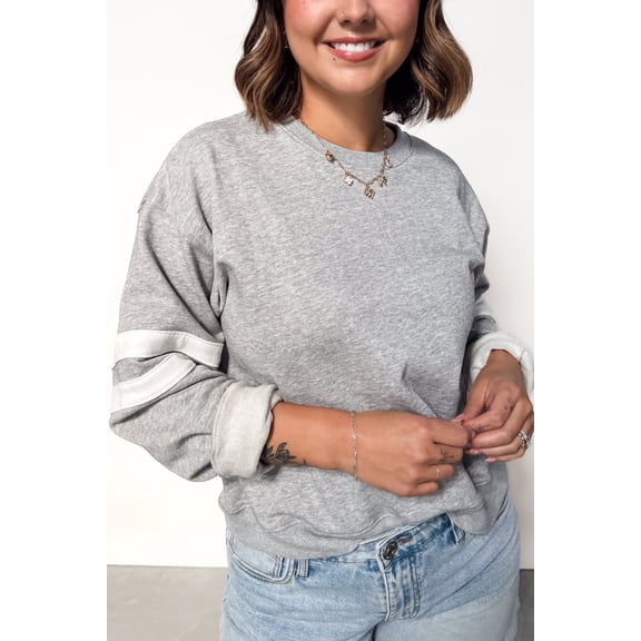 Light Grey Varsity Striped Detail Crew Neck Plus Sweatshirt