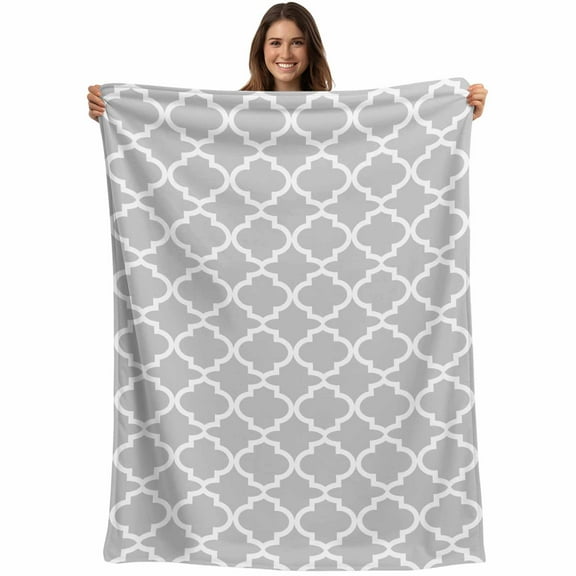 Light Grey White Geometric Throw Blankets, Minimalist Morocco Pattern Soft Fleece Blanket Decorative for Home Sofa Couch Chair Living Bedroom, 50x60 inches,