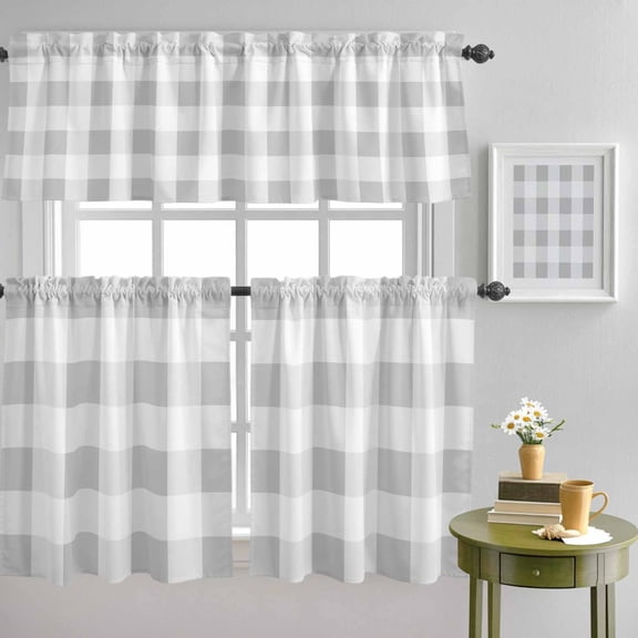 Light Grey White Plaid Curtain Tier and Valance Set 3 Piece, Farmhouse Decoration Buffalo Check 3-inch Rod Pocket Window Tier Curtains Valance for Kitchen Living Room
