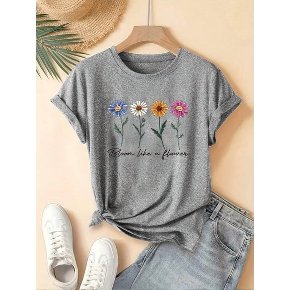 Light Grey Womens Casual Short-Sleeve Graphic T-Shirt With Floral Print And Bloom Like A Flower Quote
