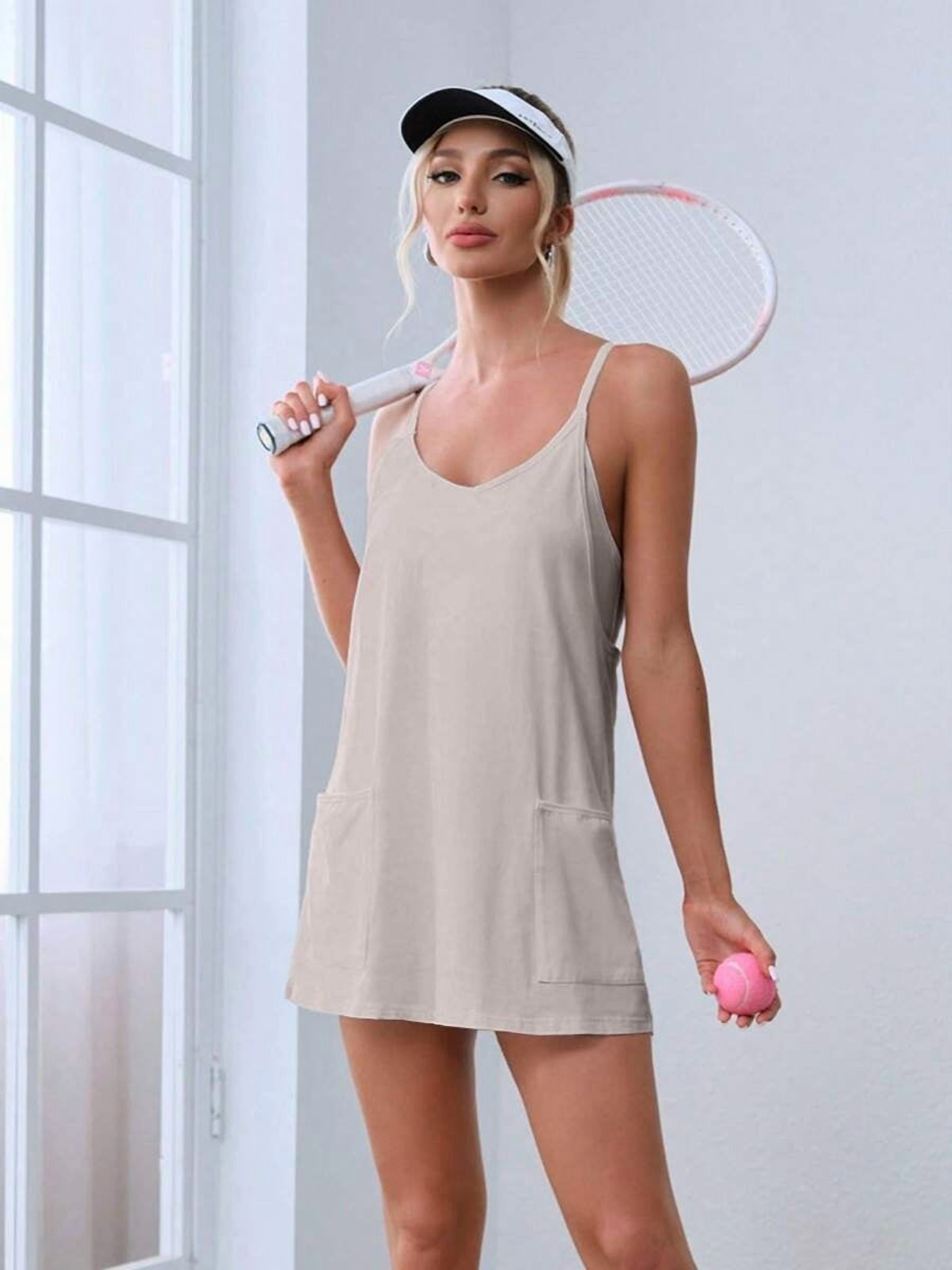 Light Grey Womens Sleeveless Athletic Tennis Mini Dress With Pockets For Workout And Summer
