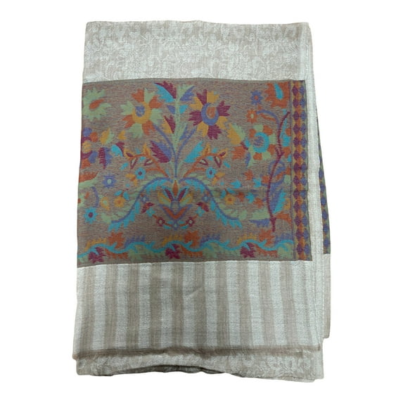 Light Grey Woollen Scarves for Women with Mankolam Prints on the Borders Great Accessory for Fall/Winter