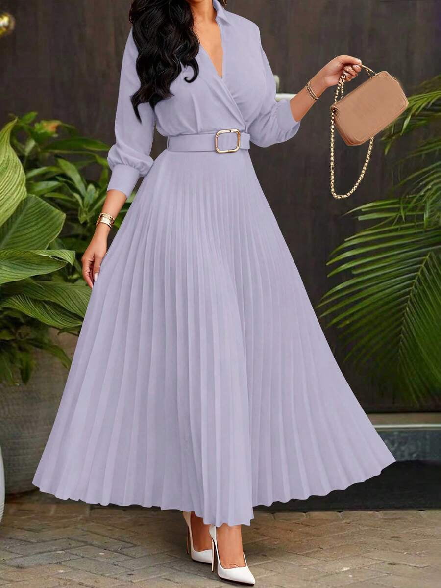Light Grey Wrap Maxi Dress With Pleated Skirt, Belted Waist, V-Neck, Long Sleeve