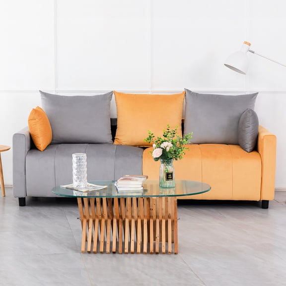 Light Grey & Yellow Velvet Sofa, 3 Back Pillows / Comfortable Sitting Experience