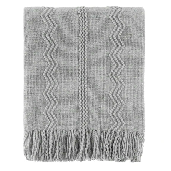 Light Grey Zigzag Knit Throw Blanket With Fringe Tassels, Bohemian Decorative Sofa Throw For Living Room