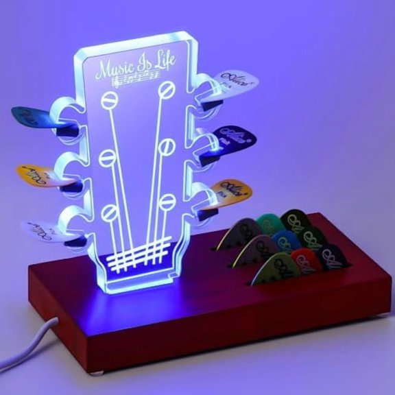 Light up Guitar Pick Holder RGB Acrylic Electric Guitar Headstock Shaped Pick Holder 7 Colors Display Storage Accessories with Base for Music Guitar Players Musician Guitarist Lovers Gift$$Music