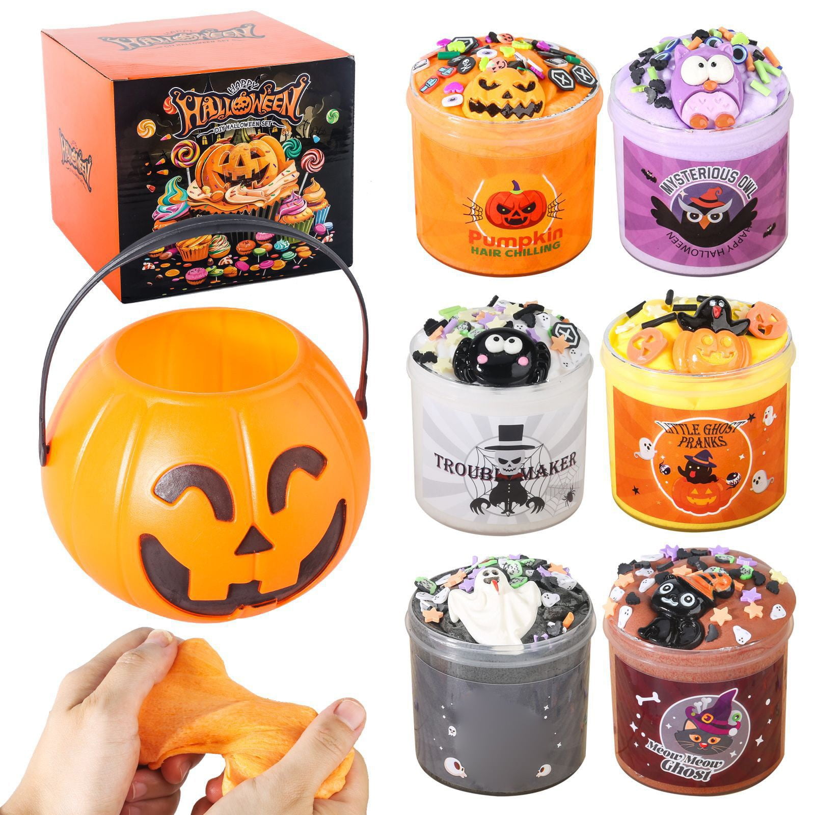 Light Up Halloween Bucket with Slime Set, Glow-in-Dark Pail with Sensory Putty Party Favor Kit, Not for Children Under 3, Includes Non-Toxic Materials