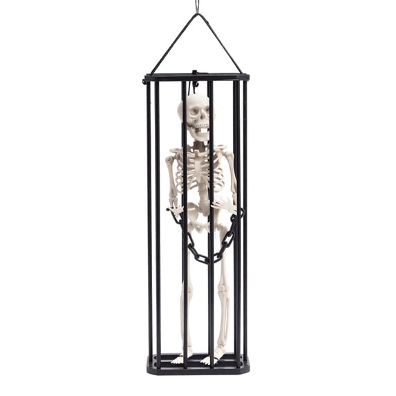 Light Up Halloween Decorations 17 Inch Hanging Caged Skeleton, Scary Halloween Decor for Haunted House Graveyard Indoor and Outdoor Yard Display, 1 Pack