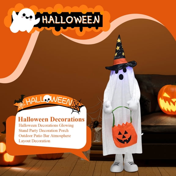 Light Up Halloween Decorations 40 Inch Standing Halloween Ghost Wizard Hat Outdoor Halloween Decorations Yard Cute Halloween Decor Outdoor for Front Porch Lawn Home 1 Pack