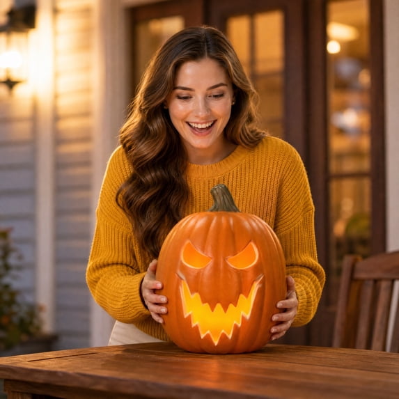 Light Up Halloween Decorations Halloween Pumpkin Decor 12 Inch Jack O Lantern Decor Spooky Scary Halloween Decorations Outdoor Indoor Halloween Party Decor, 1 Pack