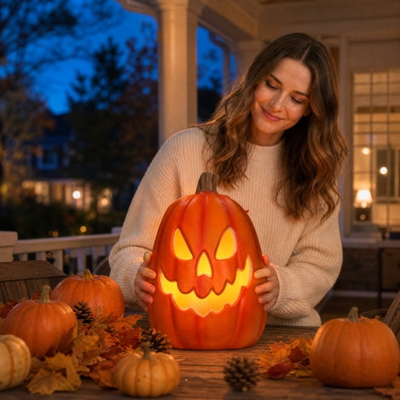 Light Up Halloween Decorations, Halloween Pumpkin Decor 16 Inch Spooky Jack O Lantern Decor, Scary Outdoor and Indoor Halloween Decor for Holiday Party Orange, 1 Pack