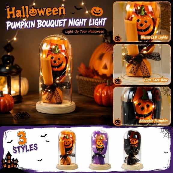 Light Up Halloween Decorations, Halloween Pumpkin Decor, Halloween Fairy Lights Battery Operated, Glass Cloche with Base Orange Tabletop Centerpiece, 3 Aaa Batteries Not Included,