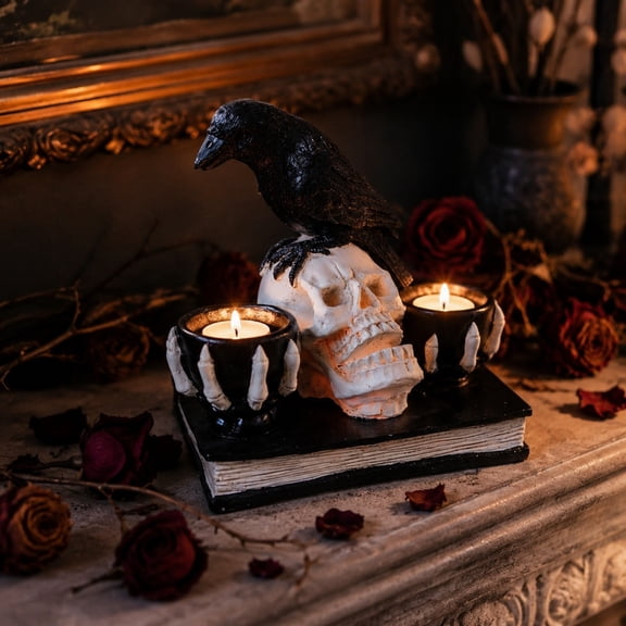Light up Halloween Decorations Skull with Raven,Halloween Black Raven on Skeleton Skull Statue Figurine,Resin Halloween Candle Holder, Gothic Skull Decor