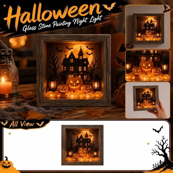 Light Up Halloween Decorations, Spooky Glass Frame Night Light, Haunted House Pumpkin Shadow Box Decor for Home Wall Desktop, Halloween Gift for Student and Family, 5.9 X 5.9 Inch