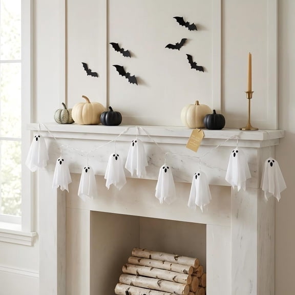 Light Up Halloween Ghost, 10-Pack 9.7" Ghost & 8.2 FT Halloween Garland Decor | Remote Control | 8 Modes | Warm Light Color | Waterproof Outdoor & Indoor