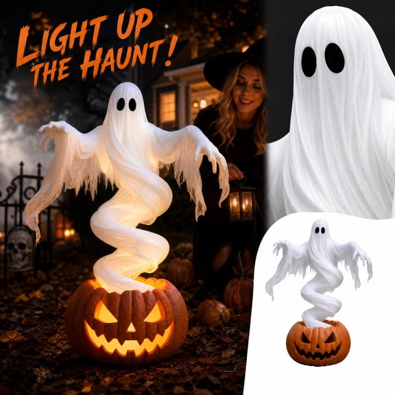 Light Up Halloween Ghost Emerging from Pumpkin Yard Decoration, Standing Glowing Floating Ghost Jack-O'-Lantern Outdoor Prop Accent for Front Lawn, Garden, Porch, Haunted House