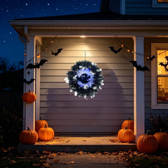 Light Up Halloween Ghost Grapevine Wreath, Battery Timer Purple Orange Warm LED Front Door Wreath, IP44 Waterproof Spooky Hanging Ornament for Porch Window Indoor Outdoor Halloween Decorations