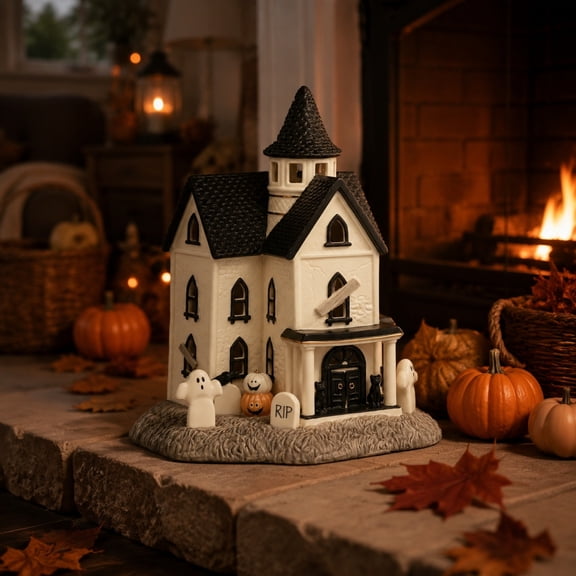 Light Up Halloween House Figurine, Porcelain Manor Statue Built In LED Glow Gothic Architecture Details, Spooky Spire Tabletop Decor for Fireplaces Dining Tables Party Scenes