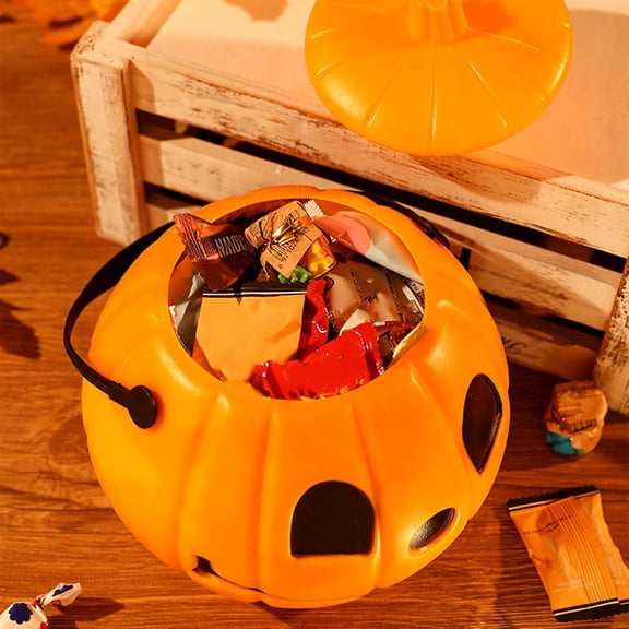 Light up Halloween Pumpkin Lantern with Lid, Portable Trick or Treat Candy Bucket Bowl, Glowing Jack O Lantern for Party Table Centerpiece Candy Storage Organizer Canister, Orange