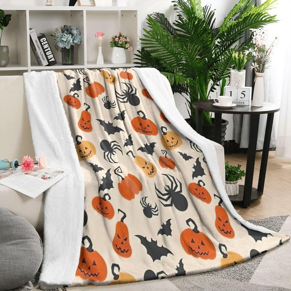 Light Halloween Pumpkins Bats and Spiders Blanket,Comfortable Soft Lamb Wool Throw Blanket,All Season,Warm Lightweight Blankets for Sofa Bed Couch Living Room Chair,50"x60"