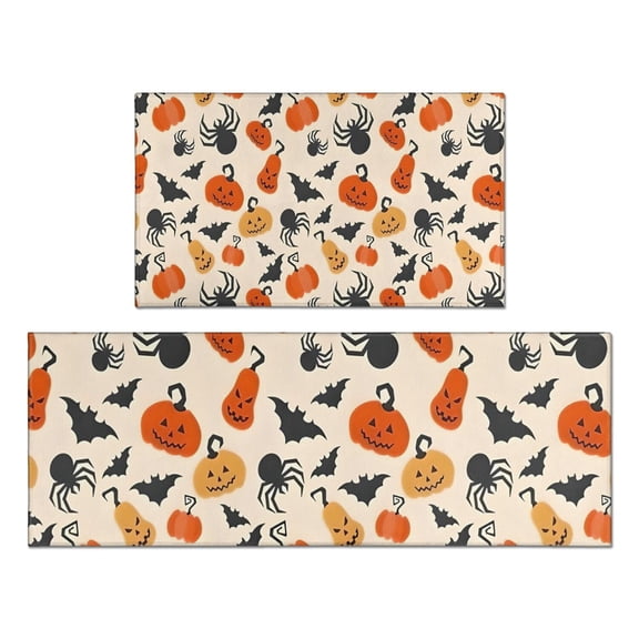 Light Halloween Pumpkins Bats and Spiders Kitchen Rugs Sets Of 2,Anti Fatigue Kitchen Mat Rugs Non Slip Washable,Decorative Kitchen Floor Mats for Kitchen,Sink,Laundry,17"x30"+17"x47"