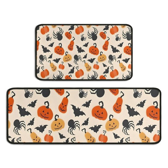 Light Halloween Pumpkins Bats and Spiders Kitchen Rugs Sets Of 2,Anti Fatigue Kitchen Mat Rugs Non Slip Washable,Decorative Kitchen Floor Mats for Kitchen,Sink,Laundry,17"X30"+17"X47"