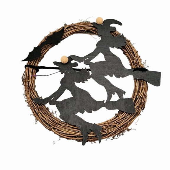 Light Up Halloween Rattan Wreath Purple LED Lights Double Witch Bats Silhouettes Hanging Decor For Door Fireplace Window Indoor Outdoor Holiday Ornament