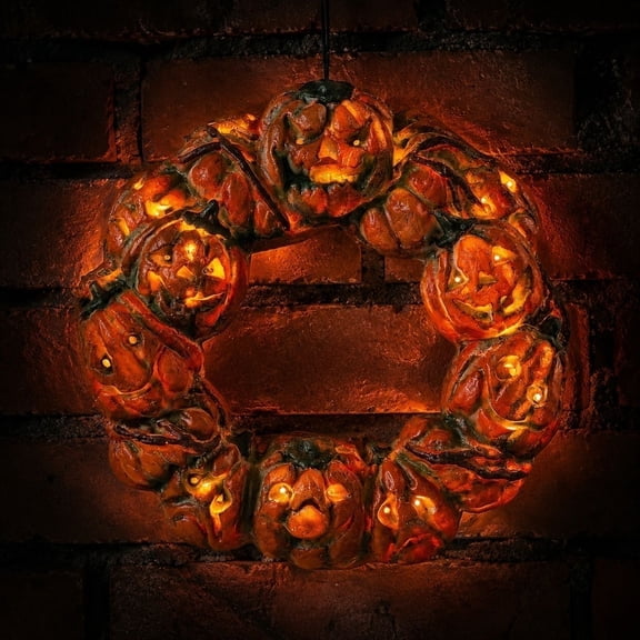 Light Up Halloween Wreath with LED Eyes, 17.7-Inch Pumpkin Jack-O-Lantern or Skull Wreath for Front Door, Spooky Foam Fall Decor with Pre-Attached Hanger Saffron