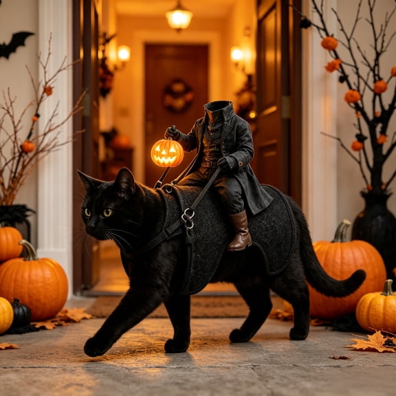 Light up Headless Horseman Pet Costume, Small Dog and Cat Halloween Costumes, Adjustable Pumpkin Riding Harness Funny Halloween Costumes for Party, Walks