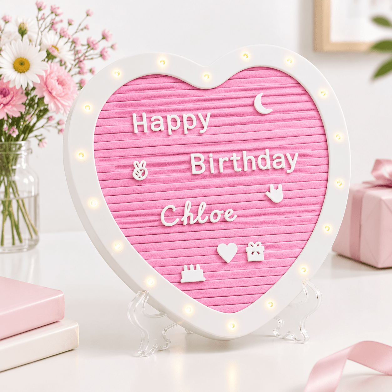 Light Heart Pink Heart-Shaped Felt Letter Board with Built-In LED ...