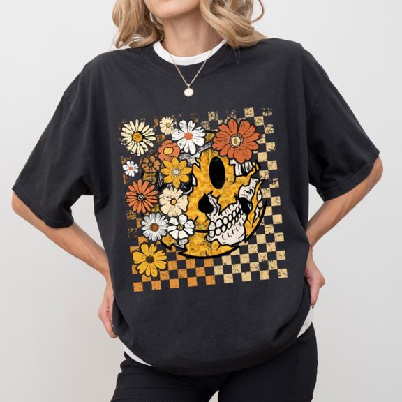Light - Hearted Floral Skull Graphic Tee,Tops Has Floral Skull with Checkered Background Design, Round Neck Oversized Fit T - shirts, Size(S - 5XL)