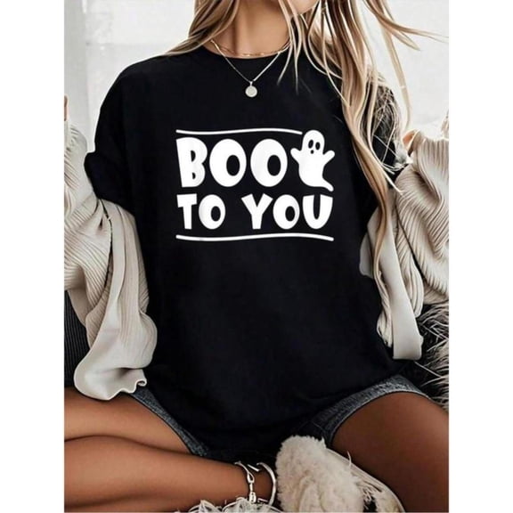 Light - Hearted Halloween Graphic Tee,Tops Has "BOO TO YOU" Text with Ghost Design, Round Neck Oversized Fit T - shirts, Size(S - 5XL)