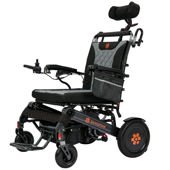 Light Heavy Duty Portable Electric Wheelchai with Automatic Reclining Backrest, 22" Wide Seating, 500 lbs Weight Capacity (Only 73 lbs) - Black Orange