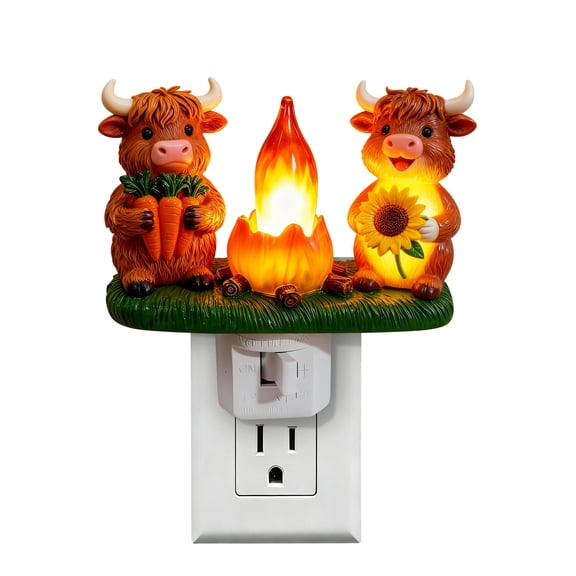 Light Up Highland Cow Figurines Vlaentine Easter Night Light,Resin Scottish Highland Cows With Carrots Sunflowers Around Campfire Statue Night Light,Cute Figurine Night Light For Boys&Girls,Men&Women