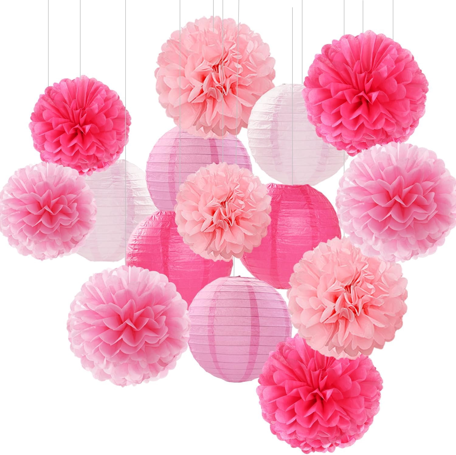 Light Hot Pink Party Decorations Paper Flowers Lanterns 15pcs Graduation Birthday Decor Tissue Pom Poms Streamers Bridal Baby Shower Wedding Bachelorette Valentine Hanging Supplies