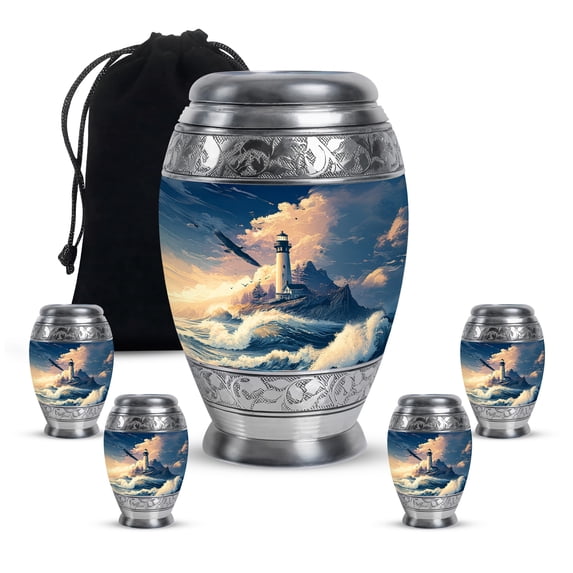 Light House Cremation Urn For Adult Ashes, Large Urns For Men Adult Male, Blue Keepsake Urn, Orange Little For Ashes Set Of 4, Memorial Keepsake Urns For Mother And Father10&3 Inch