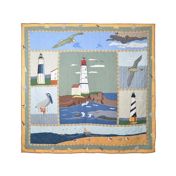 Light House, Embroidery, Cotton shell, soft cotton filled, themed, handmade quilt - Super Queen