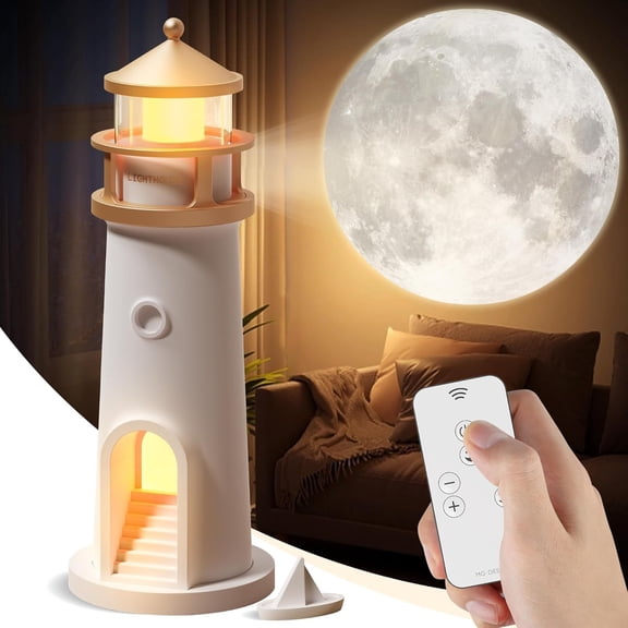 Light House Lamp Galaxy Moon Projector, LED Night Light With Remote, White | 4 Brightness Levels, Timer, USB Rechargeable Table Lamp | For Kids Bedroom & Aesthetic Room Dcor, Night Light
