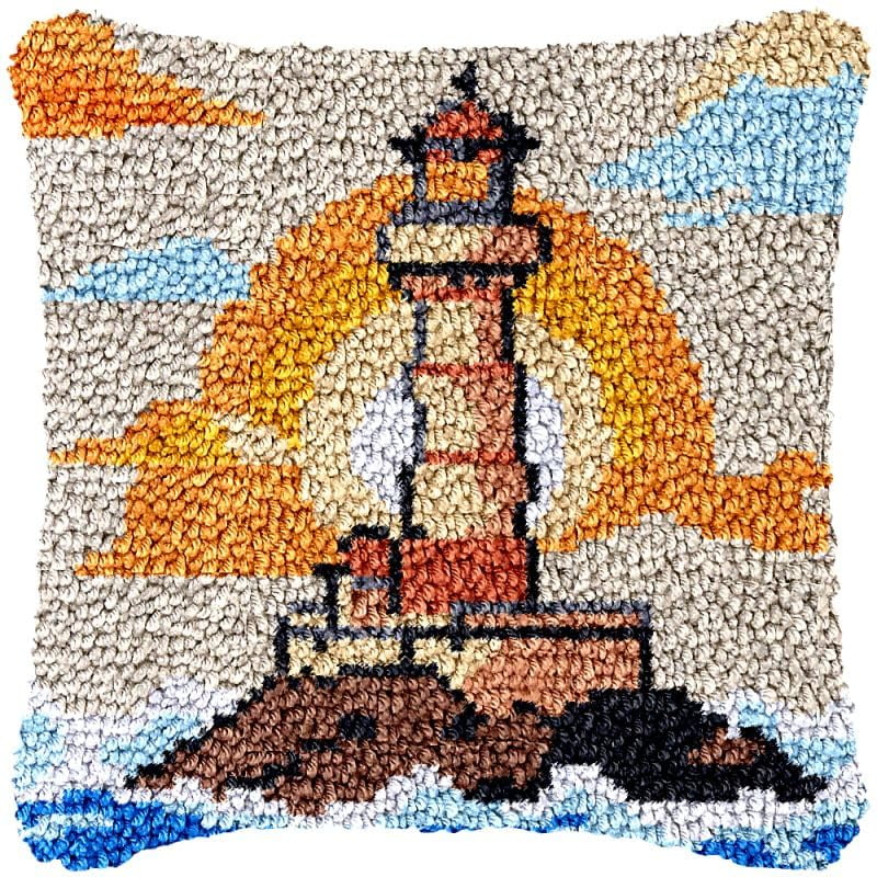 Light House Ocean View Latch Hook Pillow Cover Kits for DIY Handmade Throw Pillow Cross Stitch Latch Hook Pillowcase Rug Kits with Preprinted Color Pattern Canvas Crochet Yarn Kits 17''X 17''(ch118)