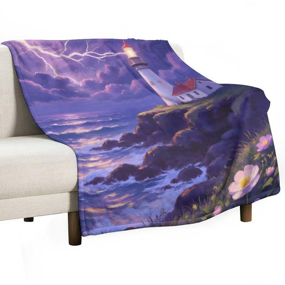 Light House Print Flannel Blanket Novelty Pattern Nap Blanket Sofa Room Office Soft Throw Blanket Outdoor Camping Warm Blanket