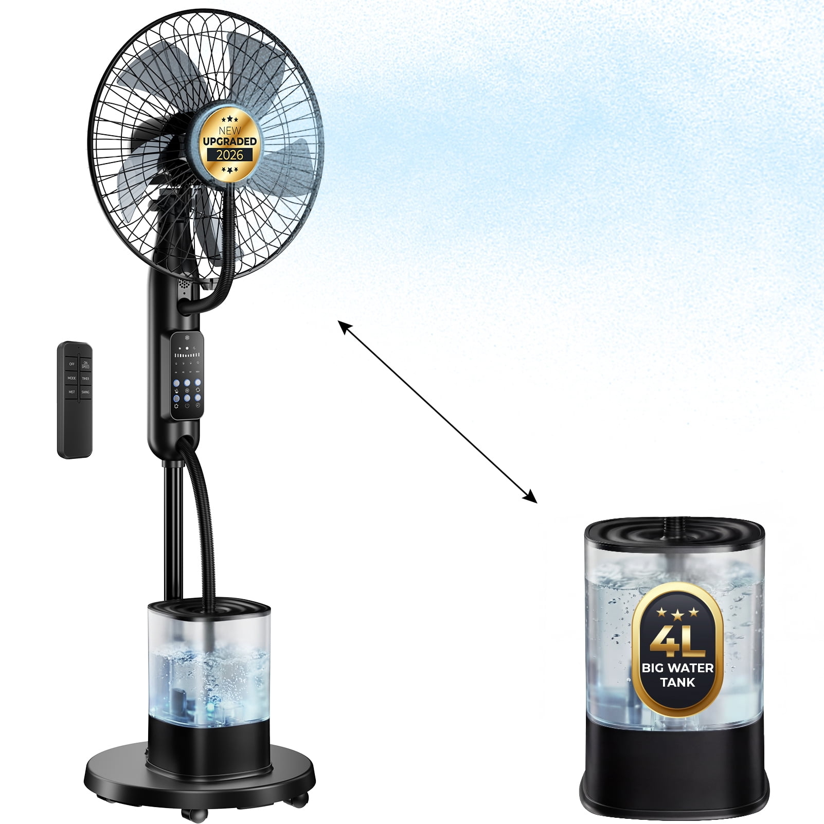 Pedestal Misting Fan, Mister Cooling Fan with 4L Large Water Tank, 5 Speeds 3 Modes Misting Standing Fan, Floor Fan with Remote for Home Bedroom Patio Outdoor