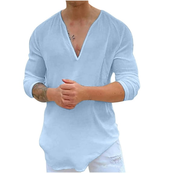 Light In The Box Clothing for Men Casual Fashion Solid V-Neck Long Sleeve Pullover Breathable Shirt Blouse Tops Button Down Shirt Men