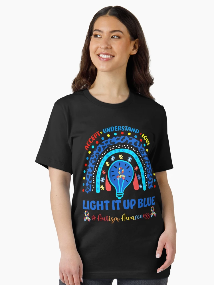 Light It Up Blue Autism Awareness T-Shirt Rainbow Puzzle Piece Graphic Tee Autism Awareness Month Support Shirt