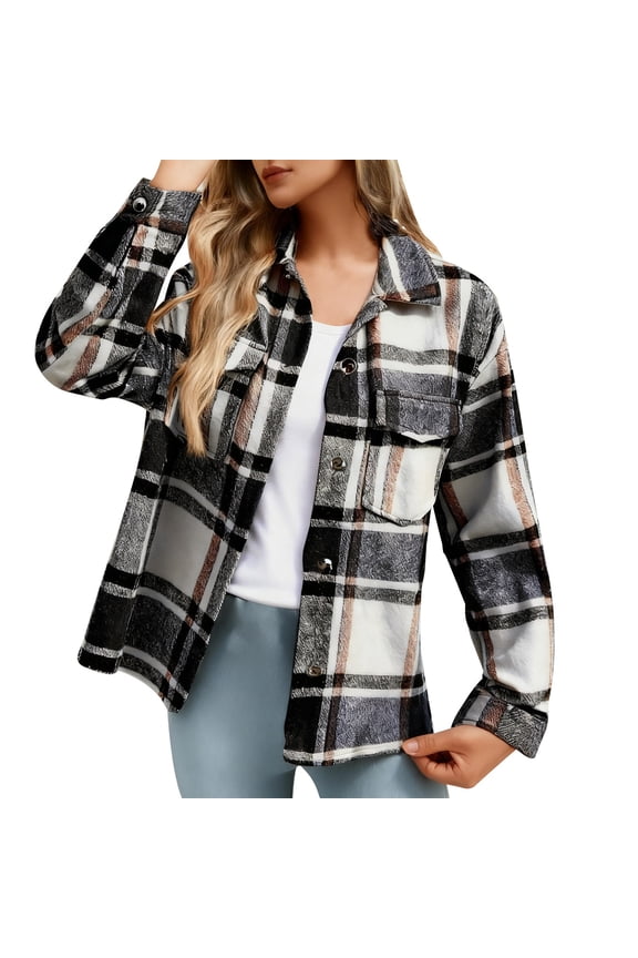 Light Jackets For Women Sevevn Women's 2025 Fall Clothes Plaid Shacket Jacket Long Sleeve Button Down Flannel Shirts Fashion Jacket